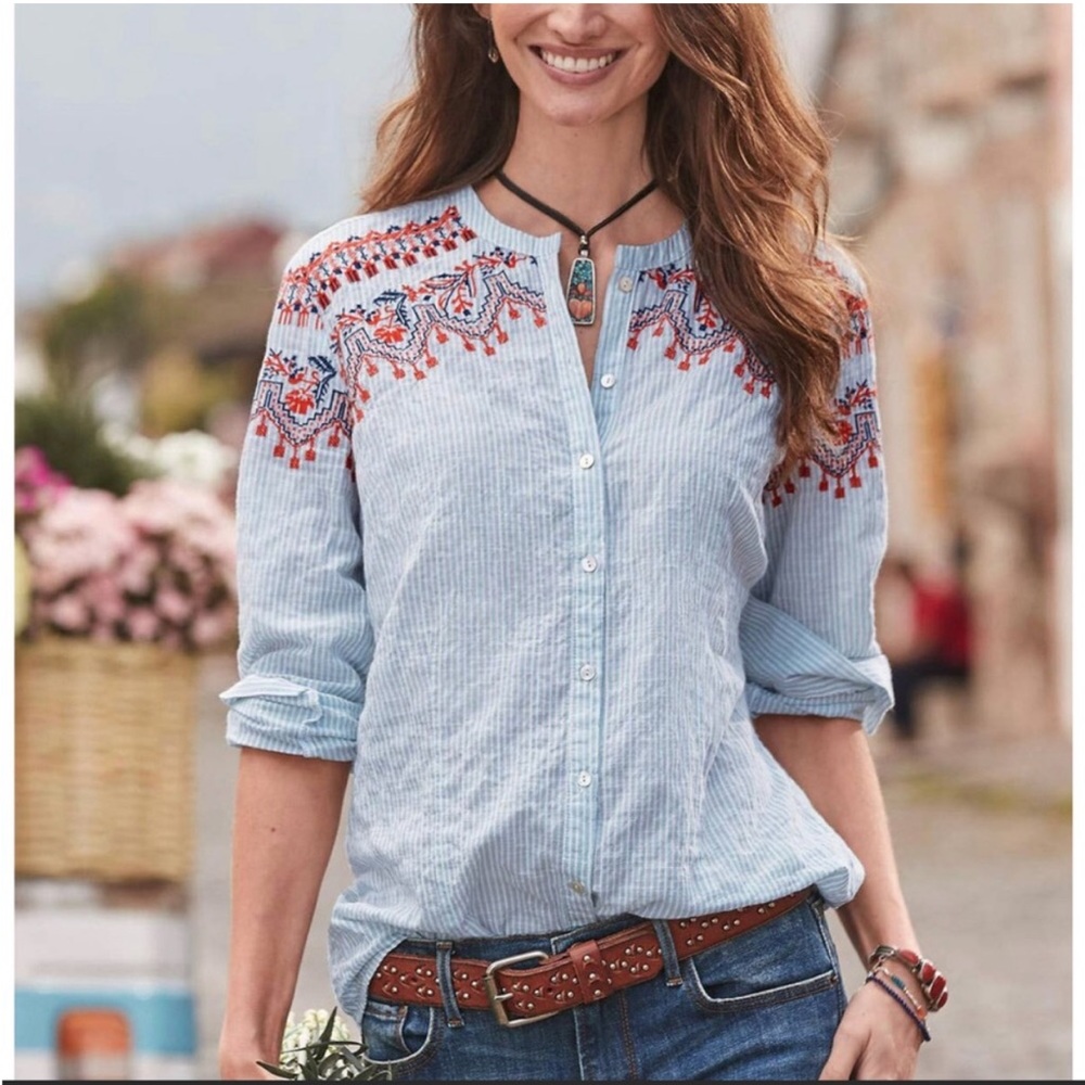 Sundance Light Blue Striped Button-Down Shirt with Red & Navy Embroidery
